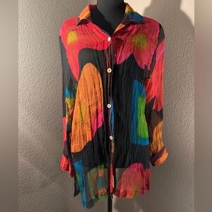 Black Sheer Button-Down Shirt with Multicolor Abstract Print